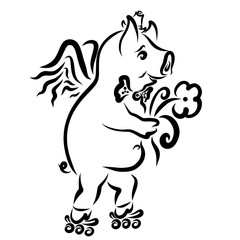 Funny romantic pig in a hat and tie, on roller skates, with a flower in his paw