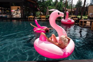 Joyful mood. Happy nice woman swimming on the air flamingo while relaxing in the pool © zinkevych