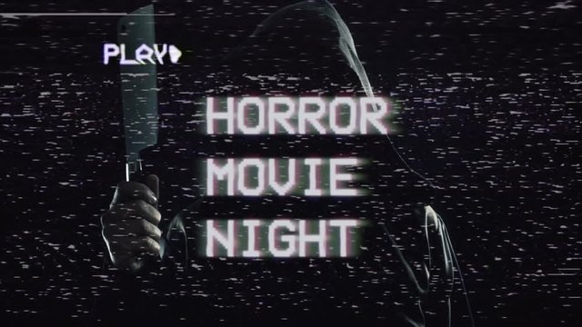 Fake VHS tape recording: a faceless friar (a ghost, a ghoul or a madman) throwing an axe chopper in the air, with the overimposed text Horror Movie Night. Scary weird Halloween clip.
