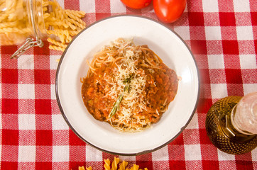 Spaghetti alla bolognese in an italian restaurant