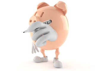 Piggy bank character holding marker