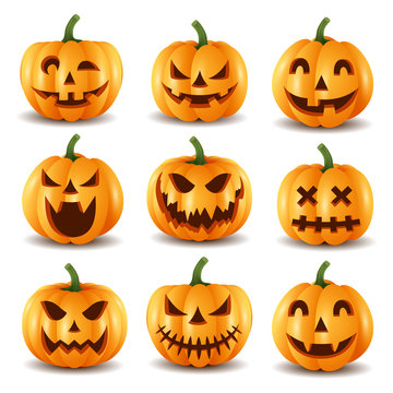 Set of halloween pumpkins, funny faces.vector illustration
