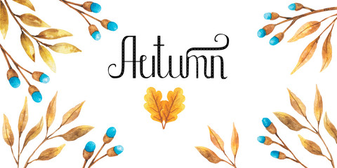 Watercolor background autumn design with herbarium, motley foliage isolated on white background,. Hand-drawn watercolor illustration.