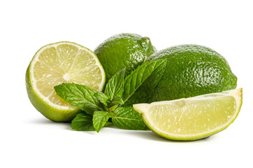 green mint and limes isolated on white background