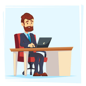 Businessman Working at Office Table. Flat cartoon Design Style. Vector illustration of Cartoon Big Boss with Workspace, Table and Computer