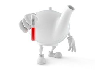 Teapot character holding glass sample