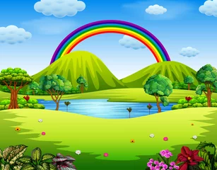 a colorfull garden with the beautiful rainbow   