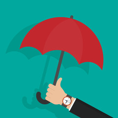 Businessman hand holding red umbrella. Flat design vector illustration