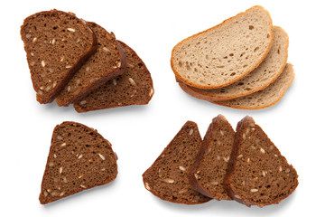 Slices of sliced rye and wheaten bread on a white background. View from above
