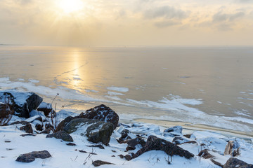 View of frozen Gulf of Finland in wiinter. Saint Petersburg, Russia