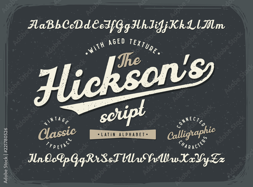Poster vintage calligraphic script font set with old style aged texture