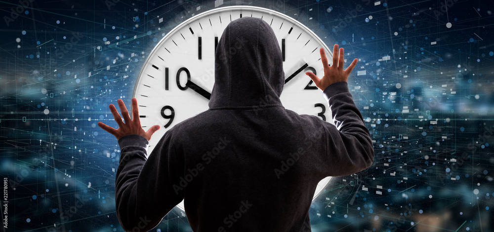Poster man holding a clock timer 3d rendering