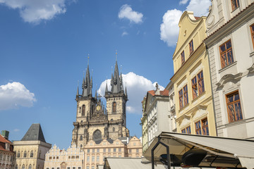 Fototapeta premium Old Town Square and Church of Mother of God in Prague, Czech Republic. Architecture and landmark of Prague.
