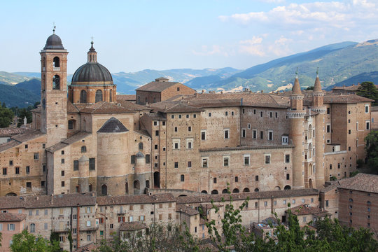 Urbino, Italy, ducal palace and city skyline, ancient and historical medieval city