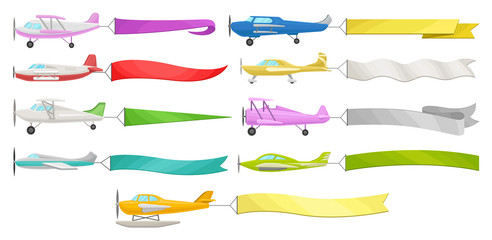 Flying aircrafts with horizontal advertising banners vector Illustrations, colorful modern and vintage planes on a white background © Happypictures