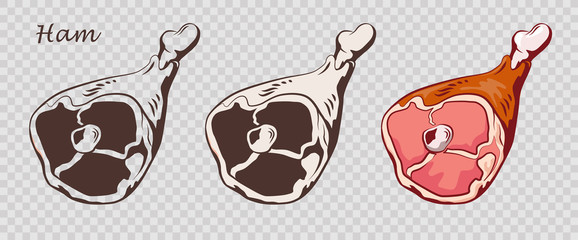 Pork knuckle. Ham hock isolated on the pseudo transparent background. Meat on the bone. Set of outline, black and white, colored images. Vector illustration. Icon, emblem, logo element. - obrazy, fototapety, plakaty