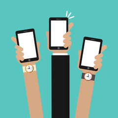 Mobile phone in hand. Hand holding smartphone. Business concept. Flat design style vector illustration