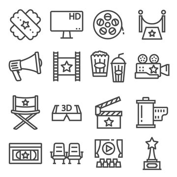 Gray line movies vector illustration icons set
