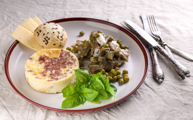 Omelette with bacon, bean salad and basil leaves. Healthy and tasty breakfast concept