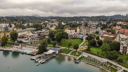 Fototapeta premium Aerial view of Velden Am Worthersee on beautiful lake Worthersee in Austria