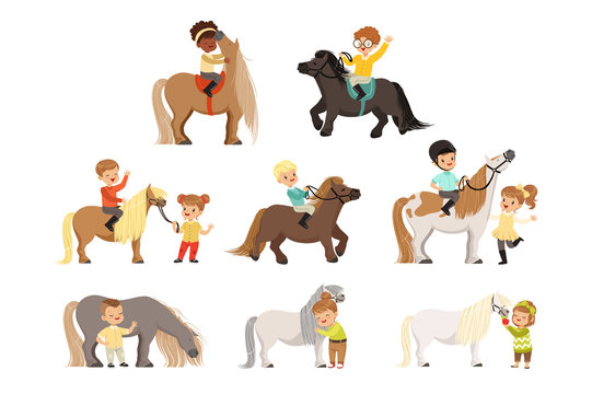Cute little children riding ponies and taking care of their horses set, equestrian sport, vector Illustrations