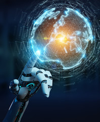 White humanoid hand using globe network hologram with Europe map 3D rendering
