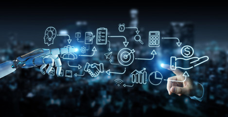 White humanoid creating artificial intelligence interface