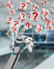 White robot hand using digital question marks 3D rendering