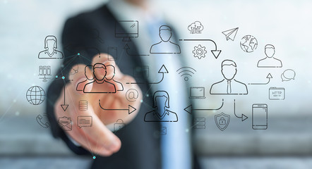 Businessman using thin line social network icons interface