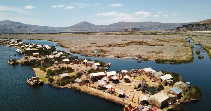 Aerial view of floating islands of Uros at Lake Titicaca video