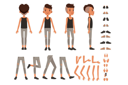 Boy character creation set, student boy constructor with different poses, gestures, shoes vector Illustrations