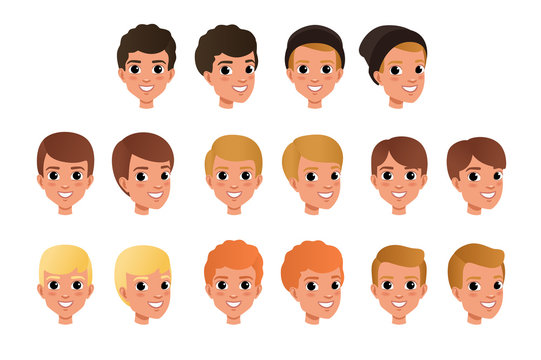 Cartoon collection of variety of boy s hair styles and colors. Kid with smiling face expression. Human head icons. Flat vector design for game avatar
