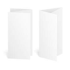 Blank three fold paper brochure on white background with soft shadows. Vector