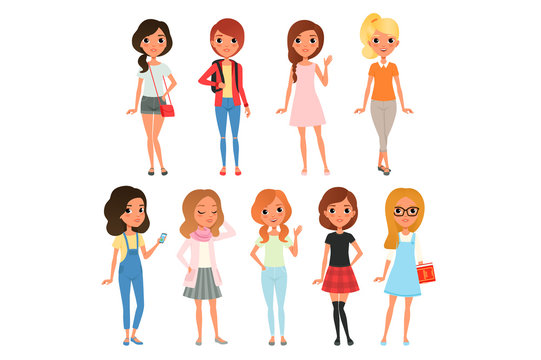 Collection of cute teenager girls dressed in stylish clothing. Female characters posing with cheerful face expressions. Cartoon flat vector design