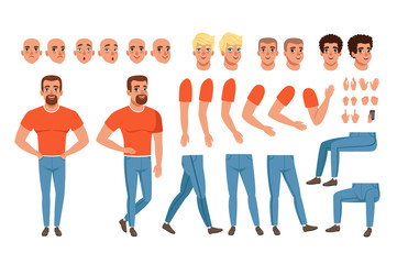 Creation set of young man, constructor for animation. Full length character. Body parts, face emotions, haircuts and hand gestures. Isolated flat vector