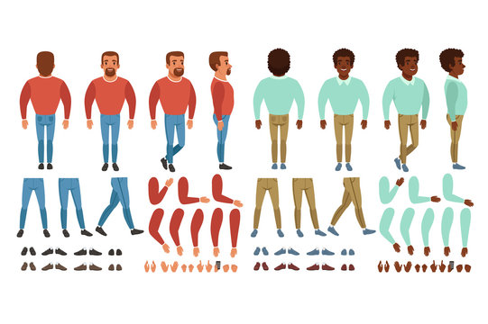 Flat vector of bearded man constructor for animation. Full length back, front and side view. Body parts arms, legs, hand gestures. Collection of shoes and sneakers