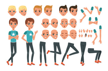 Young man character constructor with body parts legs, arms, hand gestures. Angry, dissatisfied, surprised and calm face expression. Full length boy. Stylish hairstyles. Flat vector