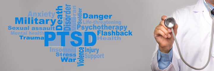Health Care Concept. Doctor holding a stethoscope and PTSD - post traumatic stress disorder words on gray background. War veteran mental health issue.