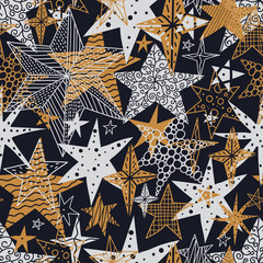 Gouden en zwarte sterren. Naadloos vectorpatroon. Naadloos patroon kan worden gebruikt voor behang, opvulpatronen, webpagina-achtergrond, oppervlaktestructuren.