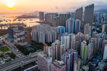 Drone fly over Hong Kong city in the evening