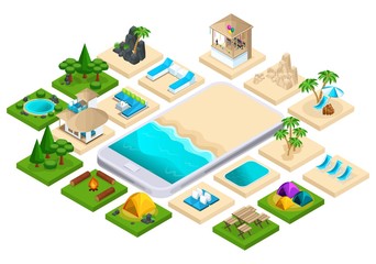 Isometry is a set for creating your holiday, traveling, warm countries, the sea, camping, palm trees. A large set of icons for rest for all tastes