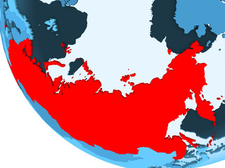 Russia on blue political globe
