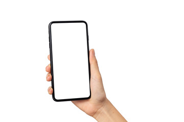 Hand woman holding smartphone with blank screen isolated on white background with clipping path