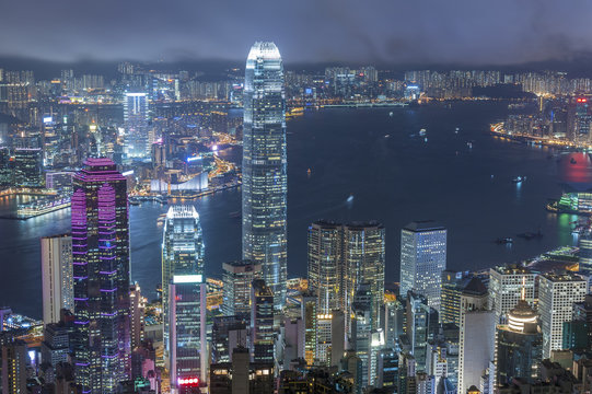Night scene of Victoria harbor of Hong Kong city