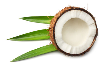Coconut with green leaves isolated on white background. top view