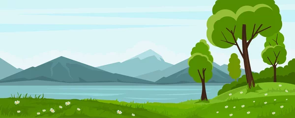 Selbstklebende Fototapeten Bauernhof Summer landscape with trees and lake and mountain  © Nikolay Zaburdaev