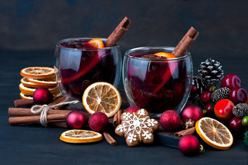 Christmas hot drink in glass and gingerbread cookies