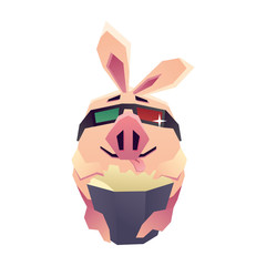 Funny pig watching 3D movie and eating popcorn