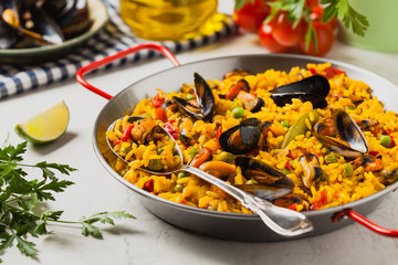 Traditional paella with mussels.