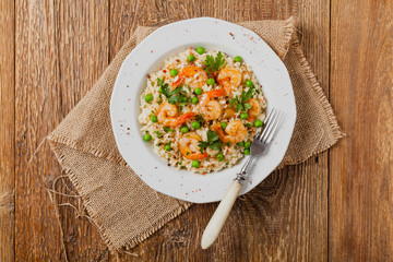 Risotto With Shrimp. Flat lay.